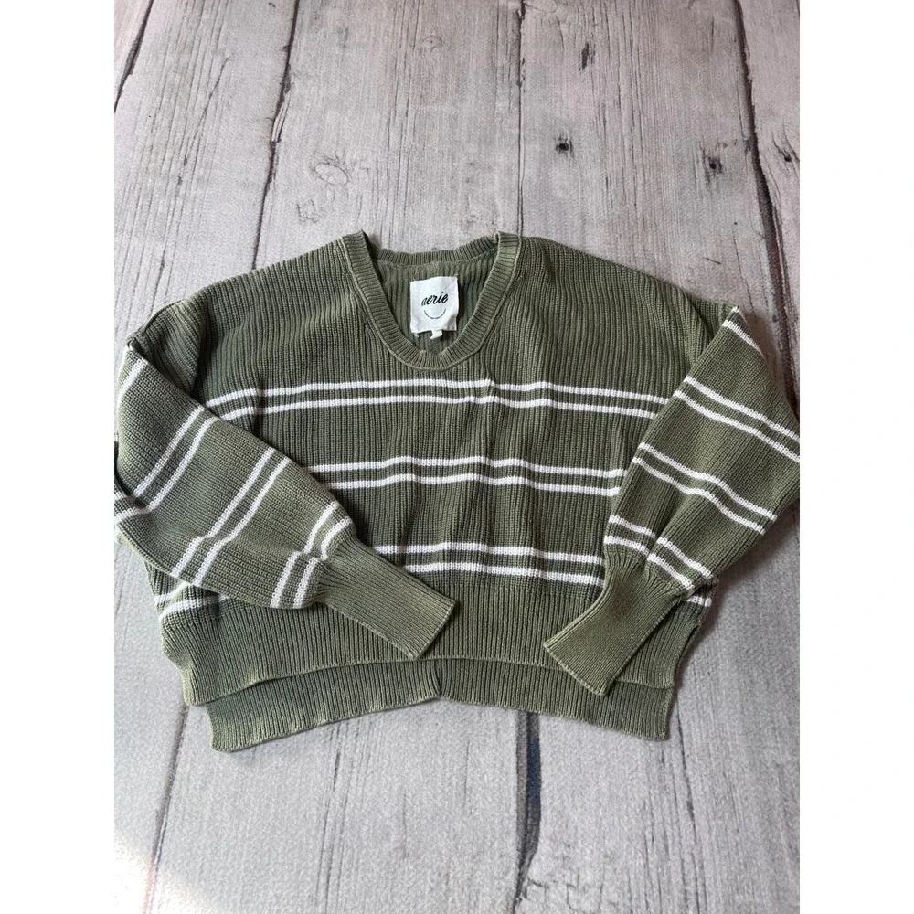 Aerie Womens Olive Green Striped Ribbed V-Neck Cotton Oversized Sweater‎ Small